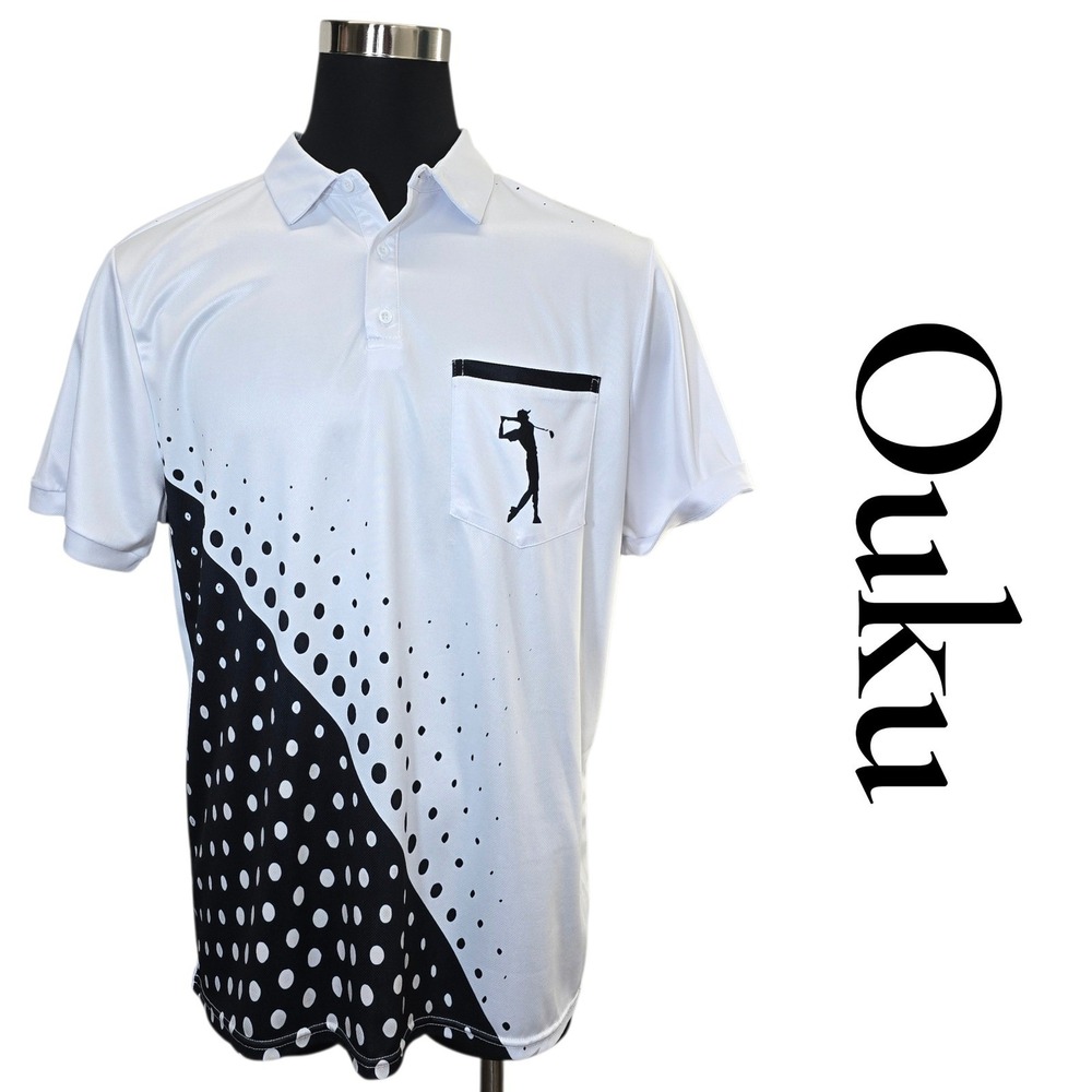 Ouku Mens Golf Polo Shirt XL White Black‎ Dot Print Athletic Performance